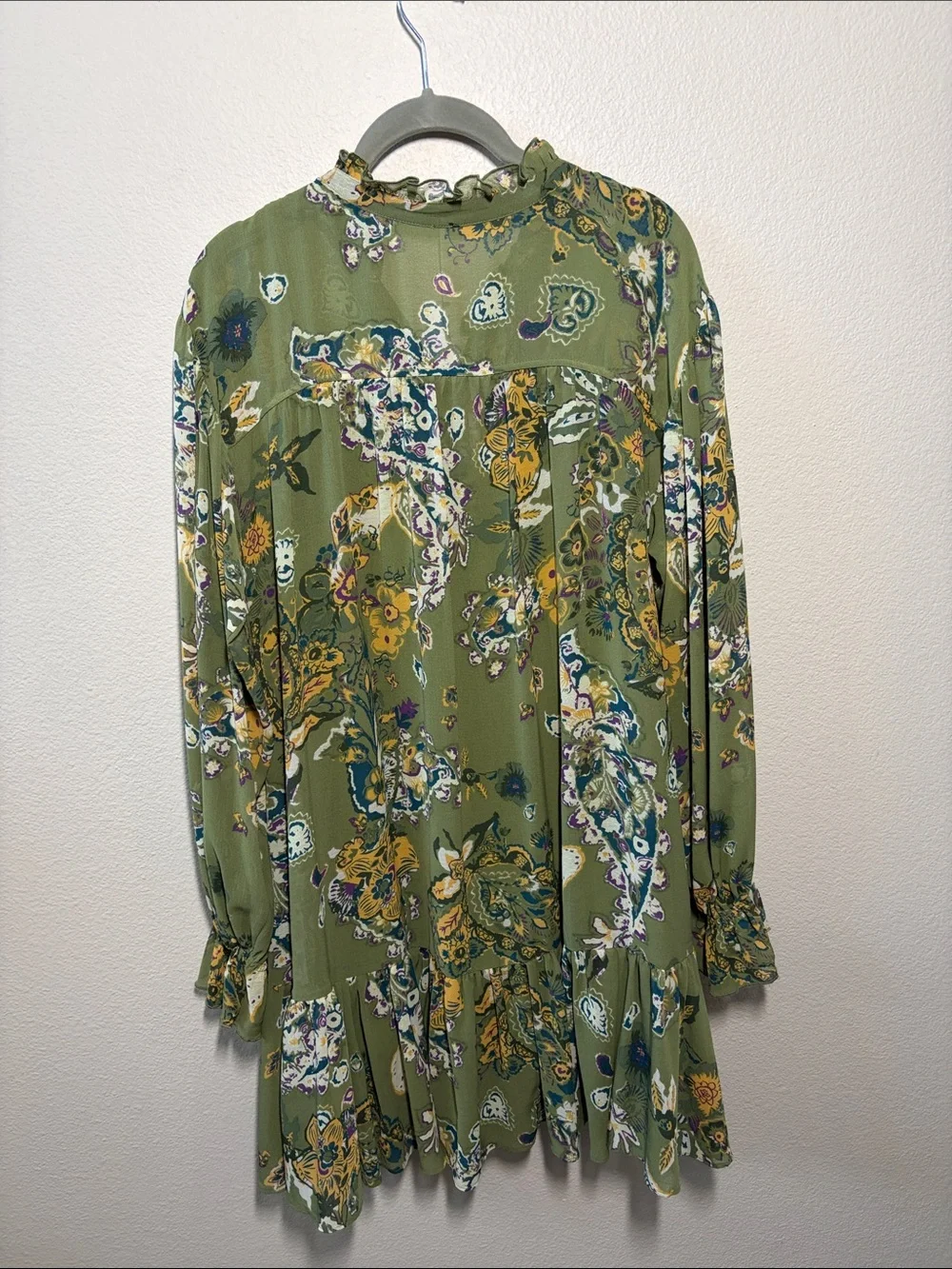Free People Olive Green Floral Ruffle-Hem Long Sleeve Dress